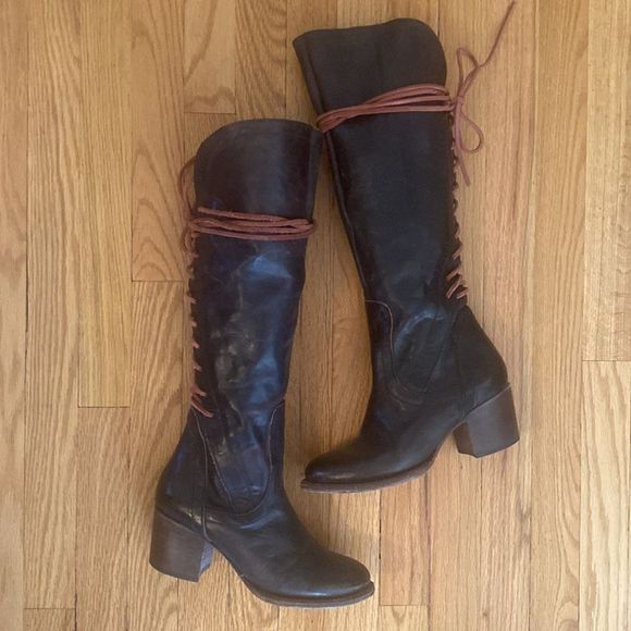 FreeBird sz 6 Cosmo tall boots dark brown cognac leather wrap laces great cond - Picture 2 of 10